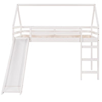 Twin Size Loft Bed with Slide,Wood Twin House Bed with Pitched Roof and Guardrails,Loft Bed Frame with Ladder and Large Underbed Storage for Boys Girls,White