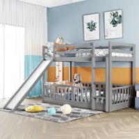 Twin Over Twin Floor Bunk Bed with Fence and Safety Guardrail, Wood Low Beds Frame with Convertible Slide and Built-in Ladder for Kids Teens Boys Girls, No Box Spring Needed