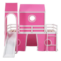 Twin Size Castle Shaped Floor Bunk Bed, House Bunk Bed with Slide Tent and Roof, Wood Loft Bed with Curtains and Tower for Kids Girls Boys Teens Bedroom