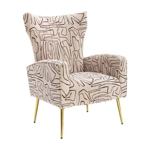 Velvet Geometric Accent Chair, Upholstered Vanity Chair with Padded Seat Cushion and Backrest,Wingback Armchair with Golden Metal Legs,Single Sofa Chair for Living Room Bedroom Office,Beige