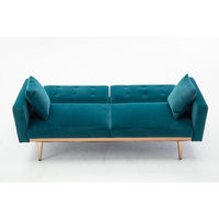 Velvet Futon Sofa Bed with 2 Pillows, Convertible Sleeper Couch Bed with Metal Tapered Legs and Tufted Button Back, Modern Loveseat for Living Room, Bedroom, Teal Blue