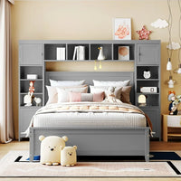 Full Size Platform Bed with All-in-One Cabinets, 10 Shelves and 4 Storage Drawers, Solid Wood Low Bed Frame for Kids Teens Adults Bedroom Guest Room, Space-Saving Design, No Box Spring Needed, Gray