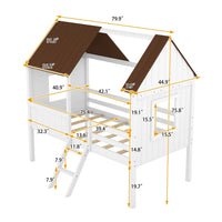 Twin House Loft Bed with Roof for Kids, Low Wooden Bed Frame with Ladder and Fence Guardrails, Montessori Bed with Two Side Windows for Children's Bedroom, No Box Spring Needed, White&Brown