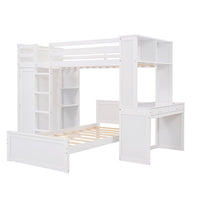 Twin Size Loft Bed with a Stand-alone Bed,Wood Loft Bed Frame with Shelves,Desk,and Wardrobe,Twin Over Twin Bunk Bed for Kids Teens Adults,White