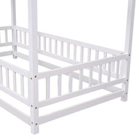 Twin Size Floor Bed Frame for Kids,Montessori Floor Bed with House Roof Frame and Fence Guardrails,Low Wooden Playhouse Bed for Girls and Boys,White