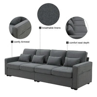 104" Accent Sofa, Modern Linen Fabric Upholstered 4-Seater Sofa with Armrest Pockets and 4 Pillows, Minimalist Style Sofa Couch with Plastic Legs for Living Room, Apartment, Office, Dark Grey