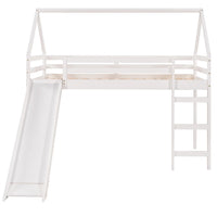 Twin Size Loft Bed with Slide, Kids Loft Bed with House and Roof Design, Low Loft Bed Frame with Built-in Ladder and Safety Guardrail, Solid Wood Twin Loft Bed for Kids Boys and Girls, White