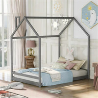 Full Size House Shaped Bed Frame, Floor Bed for Kids, Gray