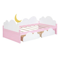 Twin Size Daybed with 2 Storage Drawers,Wood Platform Bed with Clouds and Crescent Moon Decor,Twin Bed Frame for Kids Girls Boys,White+Pink