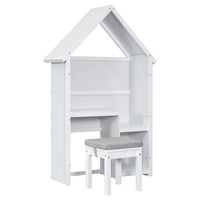 Kids Desk, Wooden Kids Desk and Chair Set, House-Shaped Desk with Wide Stepped Desk Surface and Open Cabinet, Upholstered Stool with Thick Cushion, Desk and Chair Set for Kids Adults Bedroom, White