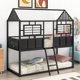 Twin over Twin Bunk Bed,Metal Low Bunk Bed Frame with Roof and Fence-shaped Guardrail,House Bunk Bed for Boys and Girls,Space Saving, Black