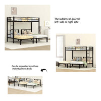L-shaped Triple Bunk Bed, Twin Size Metal Bunk Bed Frame with Storage Board and Small Table, Heavy-Duty Bunk Bed with Safety Guardrails and Ladders, Can Be Convertible into 3 Beds, Black