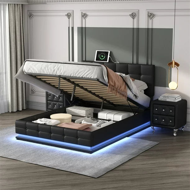 3 PCS Bedroom Set, Queen Size Upholstered Platform Bed with LED Lights, Hydraulic Storage System and USB Charging Station, 2 Nightstands with Crystal Decoration, Bed and Nightstands Set of 3, Black