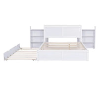 Queen Size Platform Bed with Twin Size Trundle,Storage Platform Bed with Pull Out Shelves,Two Built-in 4-Tier Storage Shelves,Wooden Bed Frame with Wood Slats Support for Kids Teens Bedroom,White