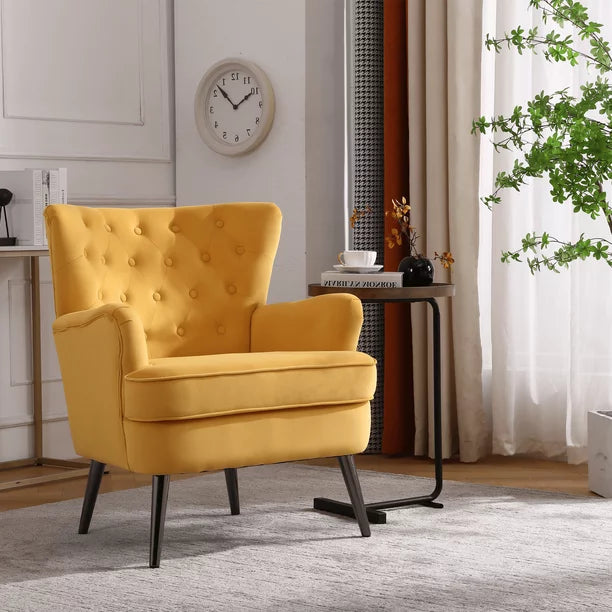 Velvet Accent Chair, Comfy Button Tufted Living Room Chair with Metal Legs, Modern Upholstered Single Sofa Lounge Chair Reading Chair for Living Room, Bedroom, Office, Reception Room, Dorm, Yellow