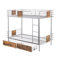XL Twin Over Twin Metal Bunk Bed with MDF Board Guardrail and Two Storage Drawers, Heavy Duty Bunk Bed with Integrated Ladder and Full-Length Guardrails for Kids Teens and Adults, Silver