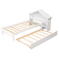 Twin Size Trundle Bed, Plat Bed Frame with Trundle, Twin Size Platform Bed with Bookcase Headboard and Pull Out Trundle Bed, Twin Bed Frame with Storage Shelves for Kids and Teens, White