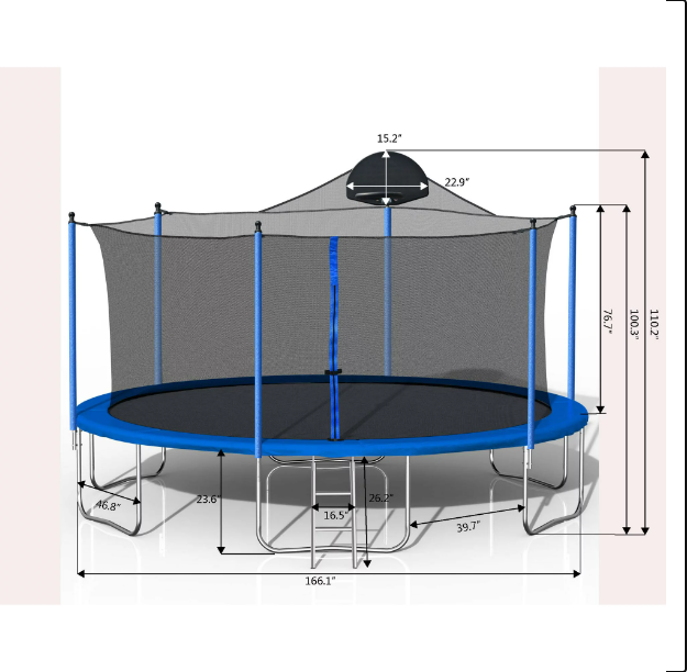 14FT Round Trampoline, Outdoor Trampoline with Basketball Hoop and Ladder, Recreational Trampoline with Safe Enclosure Net, ASTM Approved Outdoor Trampoline for Kids Teens Adults