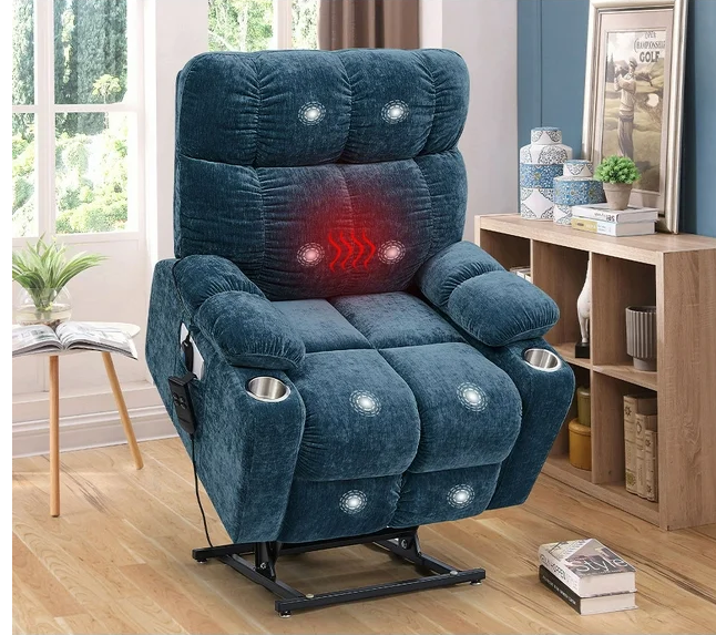 180° Lay Flat Electric Power Lift Recliner Chair, Dual Motor Infinite Position Lounge Chair with Heat and Massage, Recliner Sofa Chair with Side Pockets and Cup Holders for Elderly Adults, Blue