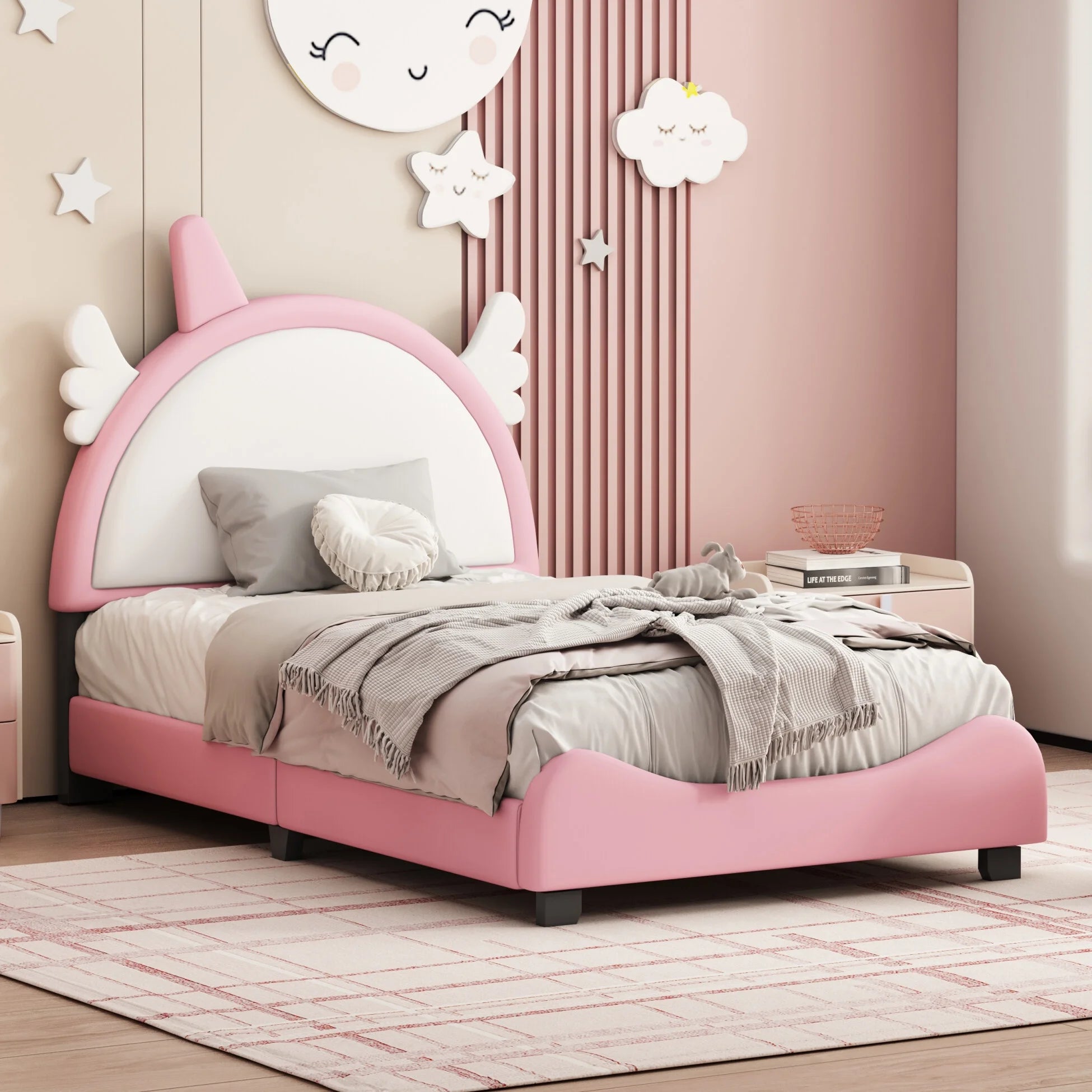 Twin Size Upholstered Cute Bed,Twin Size Platform Bed with Unicorn Shape Headboard and Footboard,Platform Bed Frame for Kids Toddler,White+Pink