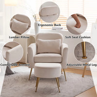 Accent Chair with Ottoman, Velvet Wingback Armchair with Lumbar Pillow and Footstool, Upholstered Single Sofa Chair with Golden Metal Legs, Leisure Armchair for Living Room, Bedroom, Office, Beige