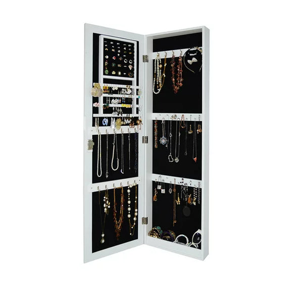 Wall/Door Mirror Jewelry Cabinet, 47.2"H Jewelry Cabinet Mirrored Furniture, Wooden Mirror Cabinet with Full-Length Mirror, Large-Capacity Jewelry Box with Mirror Cabinet Boxes for Jewelry, White