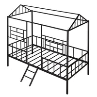 Twin Size House Bed, Metal House Bed Frame with Slatted Support, Low Loft Bed for Kids with Ladder and Full-Length Guardrail, Playhouse Bed with Roof, Window and Door Design for Boys and Girls, Black