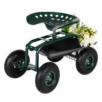 Rolling Garden Cart, 4-Wheel Garden Work Seat with Storage Basket, Height-Adjustable Swivel Seat and Extendable Steer Handle, 300-Pound Capacity for Outdoors, Lawns, and Yards, Green