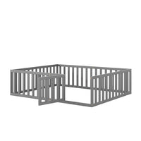 Queen Size Floor Bed with Fence and Door, Wood Bed Frame with Safety Guardrails, Home Furniutre for Kids Girls and Boys Bedroom Dorm, Easy Assembly, Gray