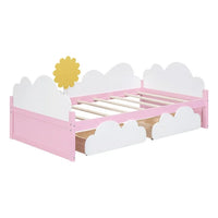 Girls Twin Size Bed with Clouds and Sunflower Decor, Solid Wood Platform Bed Frame with 2 Drawers, Twin Bed Frame with Sturdy Slats Support for Kids Bedroom, No Box Spring Needed, Space-Saving Design