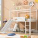 Twin Loft Bed with Slide and Ladder, Metal House Loft Bed Frame with Two-sided writable Wooden Board, Loft Bed for Girls Boys Teens, White