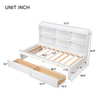 Twin Size Bed Frame with Side Bookcase and 2 Storage Drawers, Platform Bed with Slats Support, Wood Bed Frame for Kids Teens Adults, No Box Spring Needed, White