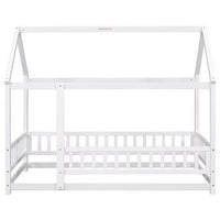 Twin Size Floor Bed Frame for Kids,Montessori Floor Bed with House Roof Frame and Fence Guardrails,Low Wooden Playhouse Bed for Girls and Boys,White