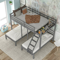 Classic Full Over Twin & Twin Bunk Bed,Triple Bunk Bed with Built In Desk and Drawer,Wooden Bed Frame with Ladder and Safety Guardrails for Kids Teens Adults,No Box Spring Needed, Gray