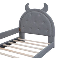 Twin Size Upholstered Daybed, Cute Teddy Fleece Sofa Bed with OX Horn Shaped Headboard, Wooden Platform Bed Frame for Teens Adults, No Box Spring Needed, Gray