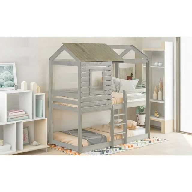 Twin Over Twin House Bunk Bed, Wood Twin Loft Bunk Bed Frame with Safety Guardrail and Ladder, Low Floor Twin Bunk Bed with House Roof & Window for Kids Teens Boys and Girls, Antique Gray