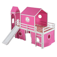 Twin Size Castle Shaped Floor Bunk Bed, House Bunk Bed with Slide Tent and Roof, Wood Loft Bed with Curtains and Tower for Kids Girls Boys Teens Bedroom