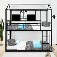 Twin over Twin Metal House Bunk Bed with 2 Ladders for Kids Teens, Floor Bunk Bed with Roof and Window Can Be Decorated, Black