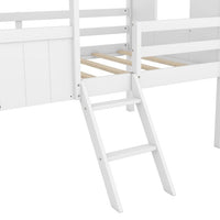 Twin House Loft Bed with Roof for Kids, Low Wooden Bed Frame with Ladder and Fence Guardrails, Montessori Bed with Two Side Windows for Children's Bedroom, No Box Spring Needed, White&Brown