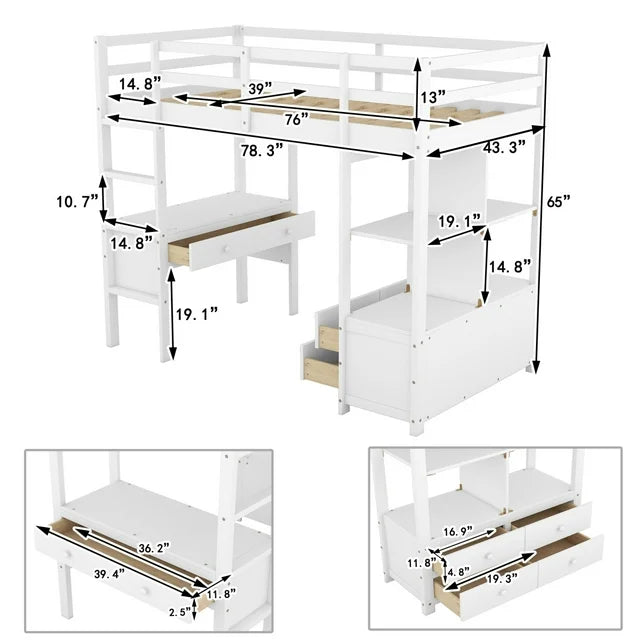 Twin Size Loft Bed with Built-in Desk, Twin Loft Bed Frame with Storage Shelves and Drawers,Solid Wood Bed Frame with Ladder and Guardrail for Kids Teens Adults, White