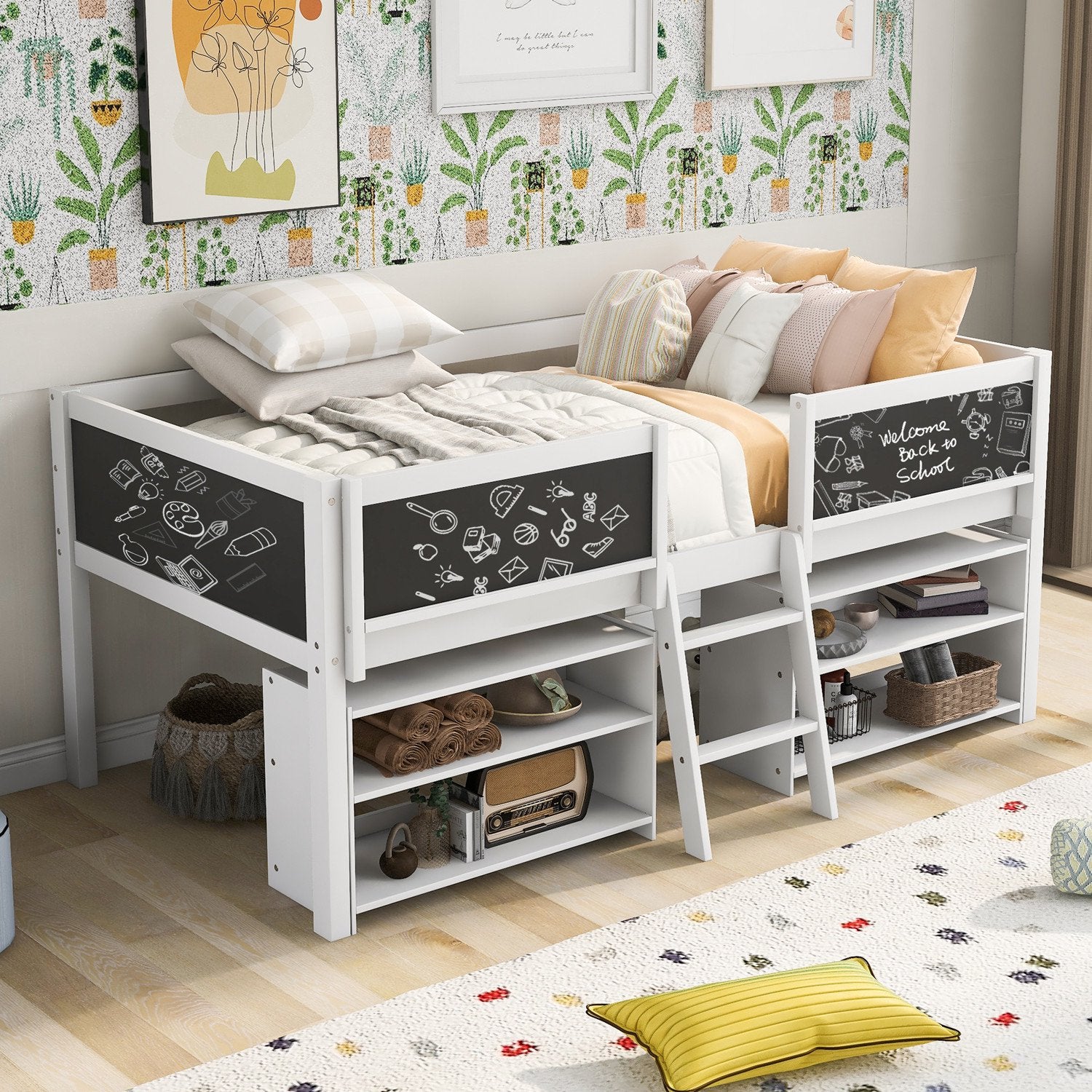 Twin Size Low Loft Bed with Two Movable Shelves and Chalkboard, Wood Loft Bed with Ladder and Guardrail for Kids Boys Girls, White 78.3''Lx41.7''Wx35.6''H