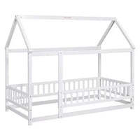 Twin Size Floor Bed Frame for Kids,Montessori Floor Bed with House Roof Frame and Fence Guardrails,Low Wooden Playhouse Bed for Girls and Boys,White