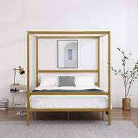 Queen Size Metal Canopy Bed, Square Tube Four-Poster Canopied Bed with Headboard and Footboard, Platform Bed Frame with Sturdy Slatted Structure, No Box Spring Needed, Noise Free, Gold