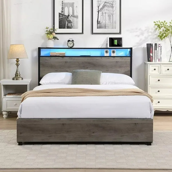 Full Size Bed Frame with 4 Storage Drawers, Industrial Metal Platform Bed with Storage Headboard with Charging Station, Noise Free, No Box Spring Needed, Easy Assembly, Antique Gray