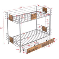 XL Twin Over Twin Metal Bunk Bed with MDF Board Guardrail and Two Storage Drawers, Heavy Duty Bunk Bed with Integrated Ladder and Full-Length Guardrails for Kids Teens and Adults, Silver