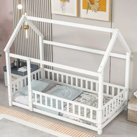 Twin Size Floor Bed Frame for Kids,Montessori Floor Bed with House Roof Frame and Fence Guardrails,Low Wooden Playhouse Bed for Girls and Boys,White