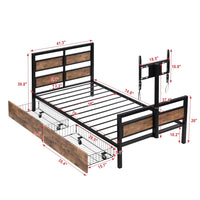 Twin Size Metal Platform Bed with MDF Headboard and Footboard, Multifunctional Platform Bed Frame with Two Storage Drawers and Rotatable TV Stand, Heavy Duty Platform Bed, Easy Assemble, Black