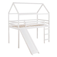 Twin Size Loft Bed with Slide, House Bed with Safety Guard Rails & Ladder, Wooden Loft Bed Playhouse Bed with Roof for Girls Boys, No Box Spring Needed, White