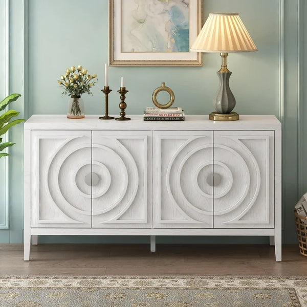 Sideboard Cabinet, Retro Sideboard Storage Cabinet with Circular Groove Design Round Metal Handle, Entryway Cabinet Sideboard Buffet Cabinet with Storage for Living Room Kitchen Dining Room, White