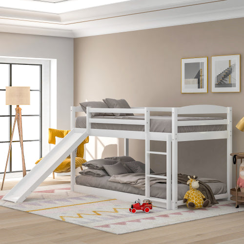 Twin Over Twin Floor Bunk Bed with Convertible Slide and Ladder, Wood Low Bunk Bed Frame for Kids Teens, No Box Spring Required, White, 79.2" L x 83.4" W x 49.2" H